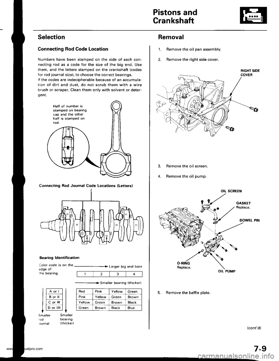 HONDA CR-V 1999 RD1-RD3 / 1.G Workshop Manual 
Pistons and
Crankshaft
Selection
Connecting Rod Code Location
Numbers have been stamped on the side of each con-
necting rod as a code for the size of the big end. Use
lhem, and the letters stamped o