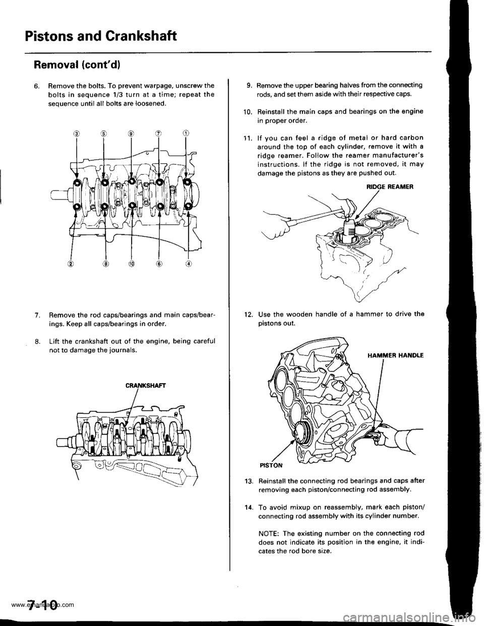 HONDA CR-V 1999 RD1-RD3 / 1.G Workshop Manual 
Pistons and Crankshaft
Removal (contdl
6. Remove the bolts. To prevent warpage, unscrew the
bolts in sequence 1/3 turn at a time; repeat the
sequence until all bolts are loosened.
Remove the rod cap