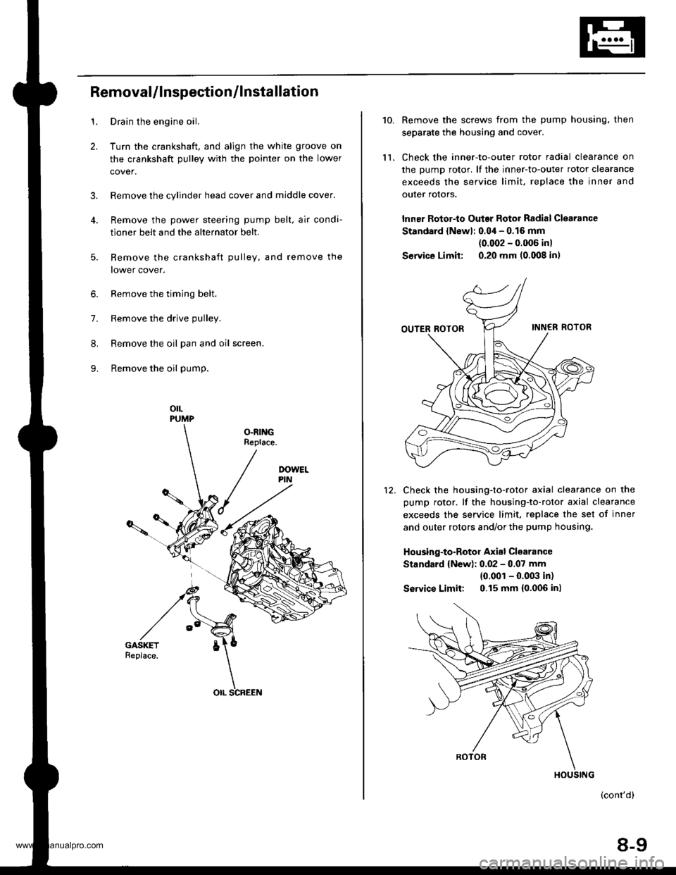 HONDA CR-V 1997 RD1-RD3 / 1.G Workshop Manual
1.
2.
3.
RemovaUlnspection/lnstallation
Drain the engine oil.
Turn the crankshaft, and align the white groove on
the crankshaft pulley with the pointer on the lower
cover.
Remove the cylinder head co HONDA CR-V 1997 RD1-RD3 / 1.G Workshop Manual
1.
2.
3.
RemovaUlnspection/lnstallation
Drain the engine oil.
Turn the crankshaft, and align the white groove on
the crankshaft pulley with the pointer on the lower
cover.
Remove the cylinder head co