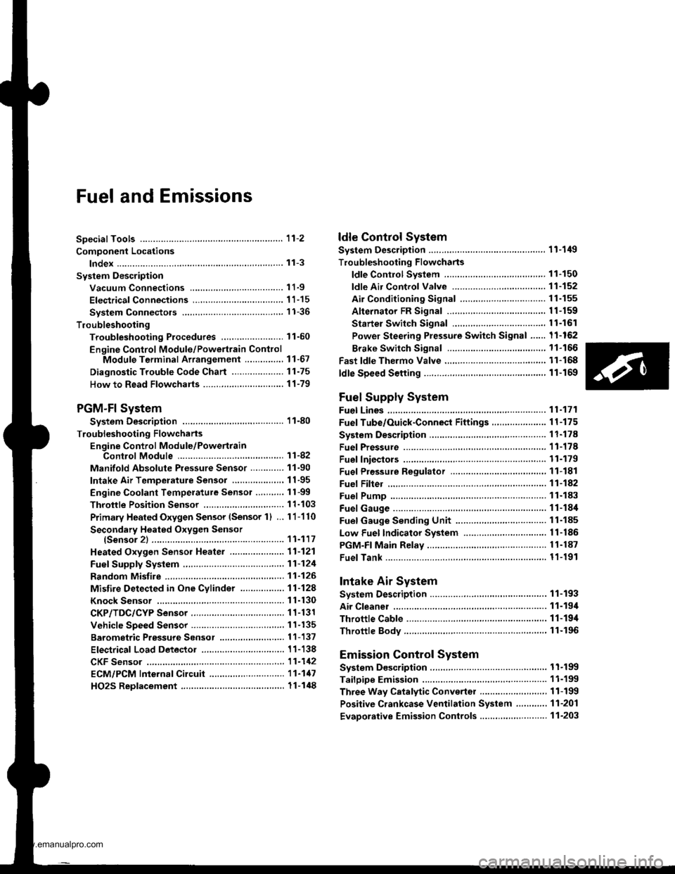 HONDA CR-V 1999 RD1-RD3 / 1.G Workshop Manual 
Fuel and Emissions
Special Tools ...................... 11-2
Component Locations
lndex ...................... ....,.... 11-3
Svstem Description
Vacuum Connections ...........,....,.,.................