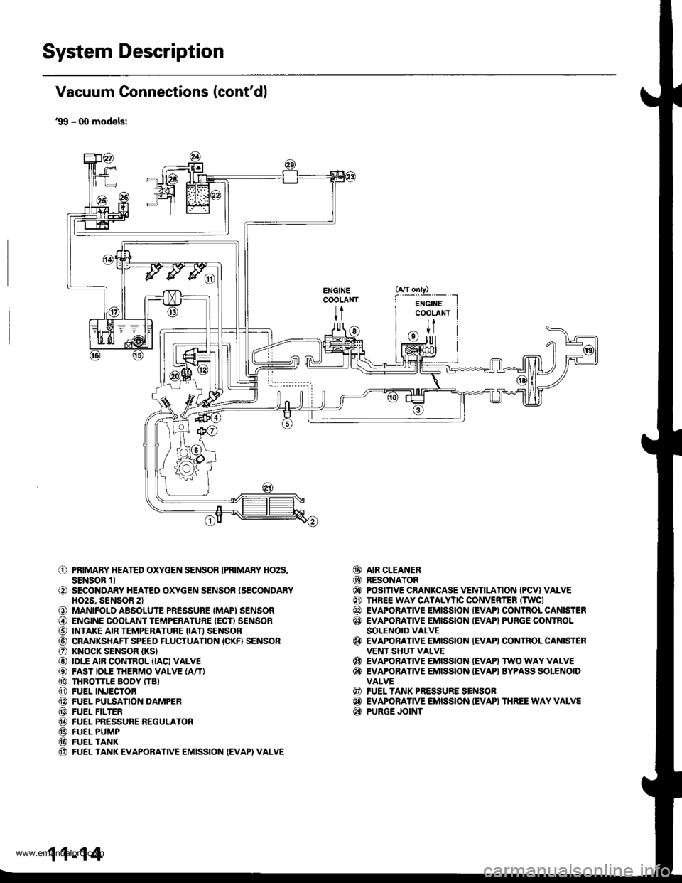 HONDA CR-V 1999 RD1-RD3 / 1.G Workshop Manual 
System Description
Vacuum Connections (contdl
99 - q) models:
ENGINECOOLANT
t
o
o
o@
o@@@@@@@@@(t
PRIMARY HEATED OXYGEN SENSOR IPRIMARY HO2S,SENSOR 1lSECONDARY HEATED OXYGEN SENSOR {SECONDARYHO2S. 