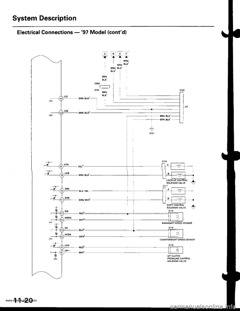 HONDA CR-V 1999 RD1-RD3 / 1.G Workshop Manual 
System Description
Electrical Connections -97 Model (contdl
c-F
BLKj
BLxj
E-F
ARNBLK
h-rF
BRN:eLKr
8Rt,l,BLxjARN,BI.K.
c113
E
11-20
www.emanualpro.com  