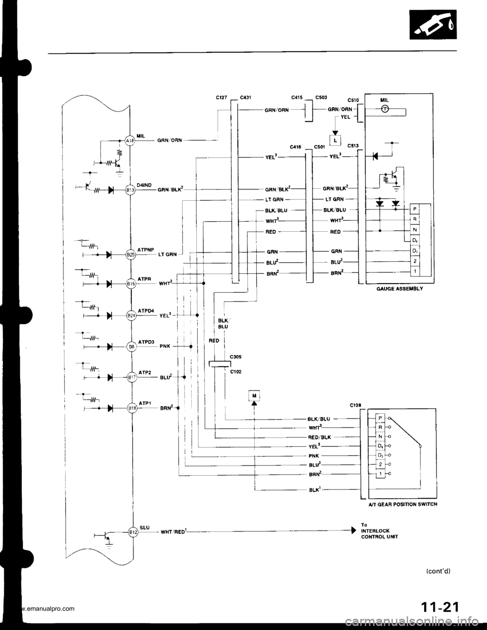 HONDA CR-V 1999 RD1-RD3 / 1.G Workshop Manual 
cat.,auxt
LT GAN
BLVBLU
RED
GRN
BLU,
an12
*".r".o- ) Inor.".o"*
(contd)
11-21
GAUGE ASSEIBLY
iI
enr2-{
II
A,ry GEAB POSINON SWITCH
CONTROL UNIT
www.emanualpro.com  