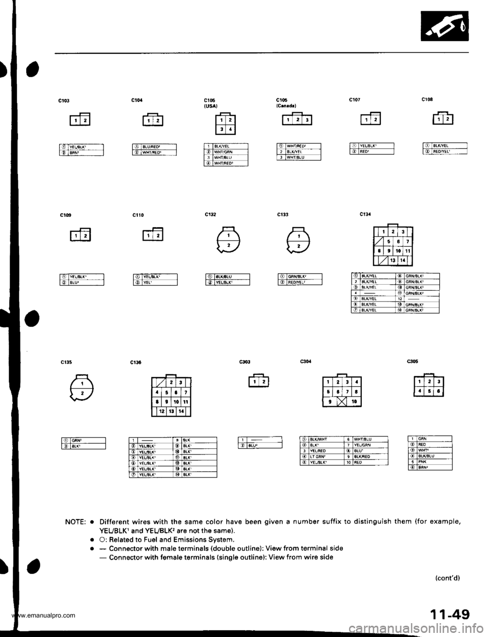 HONDA CR-V 1999 RD1-RD3 / 1.G Workshop Manual 
c t5{usa)
tltl
Il.l
Ttlrsrtsu .ftT,,tHr/FEpi l
rftr
IET$rmc IftlarxrEl-- -- lftlwn/srt -
NOTE: o
a
Different wires with the same color have been given a number suffix to distinguish them (for ex