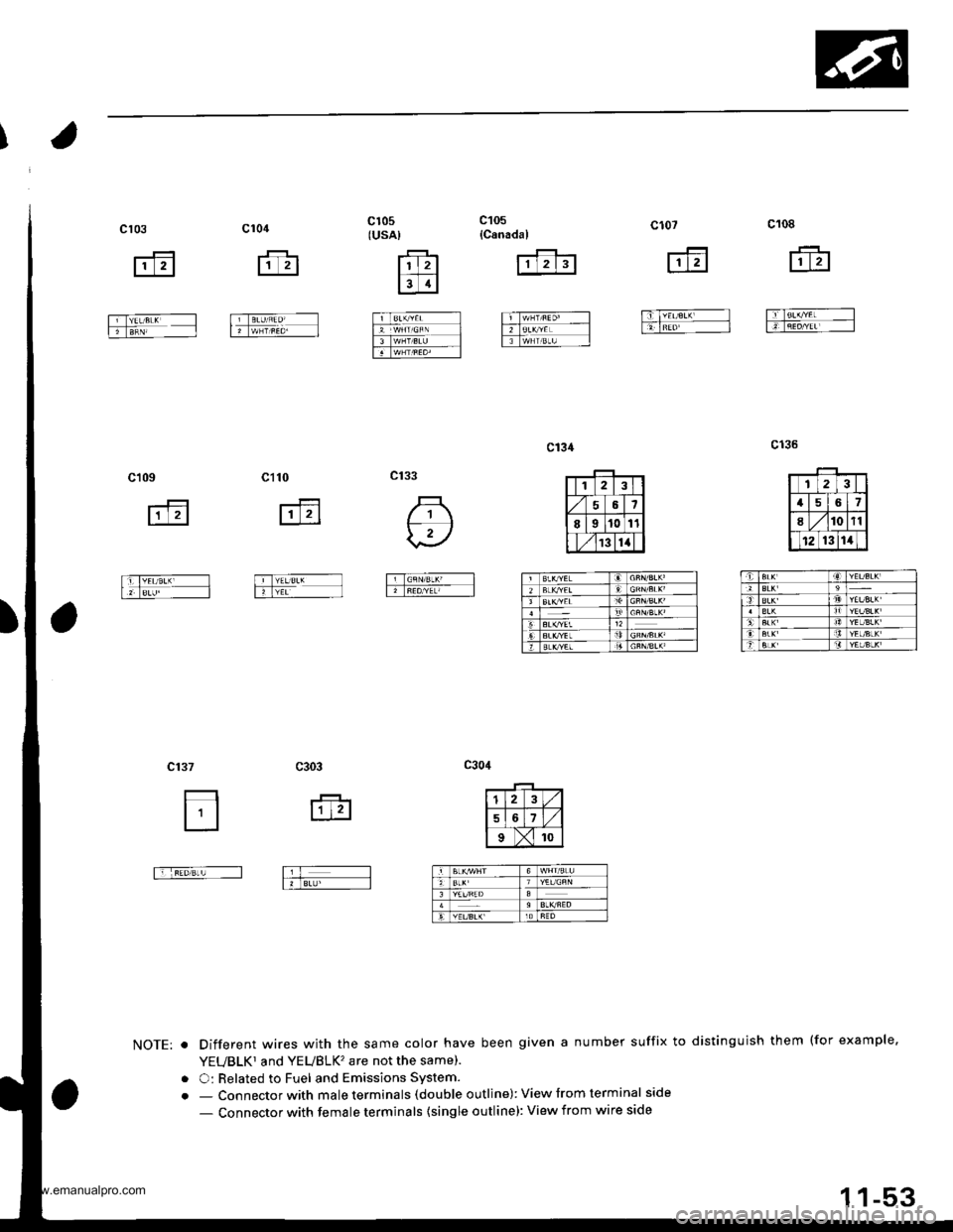 HONDA CR-V 1999 RD1-RD3 / 1.G Workshop Manual 
c108
ffi
FfBLK//EL---ll -IREor/Ar -l
c107
ffi
|iTYEU€LX I-rfnri-r --
c105{Canadal
rfifl
fiIw|r/nE D. --l
TTBt(ryEL -_-l
t lnrtsrr t]l
c105(usA)
F Irt
lslrl
filBLKry.L Ifu-,wHrcn[ ll]
ftl-wNr/s