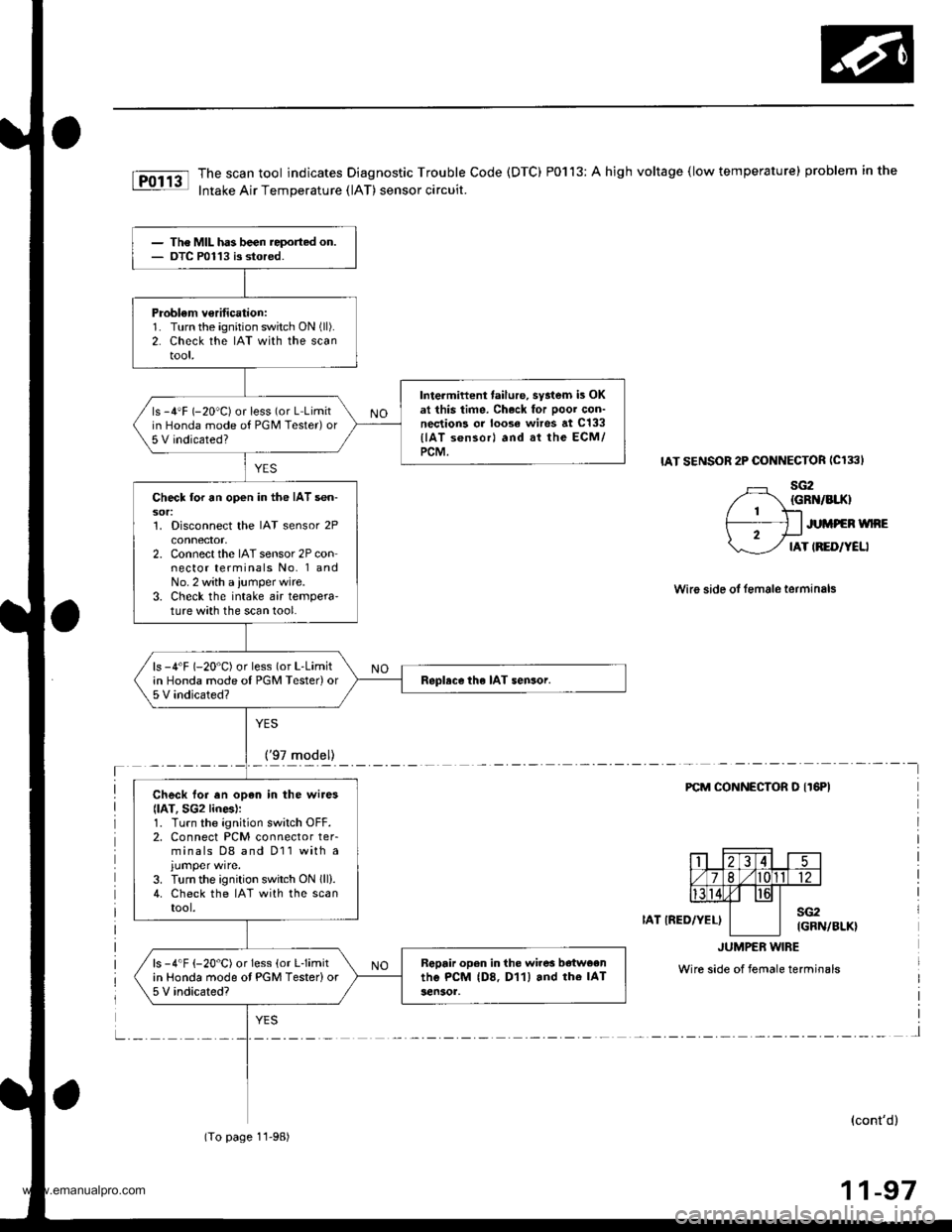 HONDA CR-V 1999 RD1-RD3 / 1.G Workshop Manual 
The scan tool indicates Diagnostic Trouble Code (DTC) P0113: A high voltage (low temperature) problem in the
Intake Air Temperature (lAT) sensor circuit.
IAT SENSOR 2P CONNECTOR ICl33I
sG2{GRN/BIIO
J