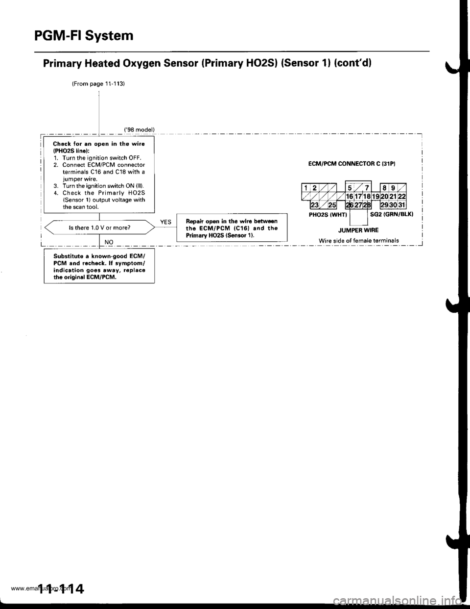 HONDA CR-V 1999 RD1-RD3 / 1.G Workshop Manual 
PGM-FI System
Primary Heated Oxygen Sensor lPrimary HO2S) {Sensor 1} {contdl
(From page11-l13)
ECM/PCM CONNECTOR C {31PI
11-114
Ch.ck for an open in the wire(PHO2S linel:1. Turn the ignition switch