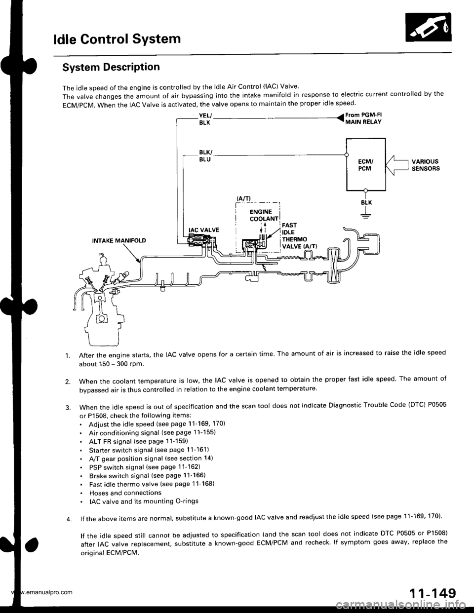 HONDA CR-V 1999 RD1-RD3 / 1.G Workshop Manual 
ldle Control System
System Description
The idle speed of the engjne is controlled by the ldle Air Control (lAC) Valve
The valve changes the amount of air bypassing into the intake manifold in respon