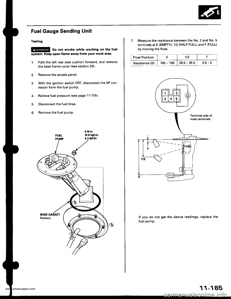 HONDA CR-V 1999 RD1-RD3 / 1.G Workshop Manual 
Fuel Gauge Sending Unit
Tgsting
@ Do not smoke while working on tho fuel
systom. Keop open flamo 8waY from your work araa.
1. Fold the left rear seat cushion forward, and remove
the base frame cover 