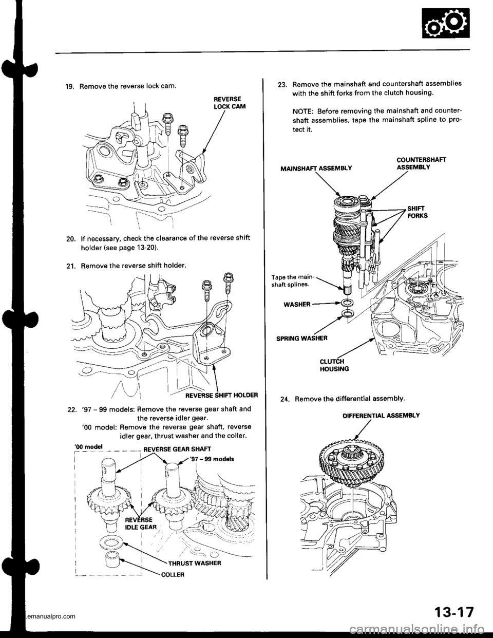 HONDA CR-V 1999 RD1-RD3 / 1.G Workshop Manual 
20.
2t.
19. Remove the reverse lock cam.
lf necessary, check the clearance of the reverse shift
holder (see page 13-20).
Remove the reverse shift holder.
HOLOER
22. 97 - 99 models: Remove the rever