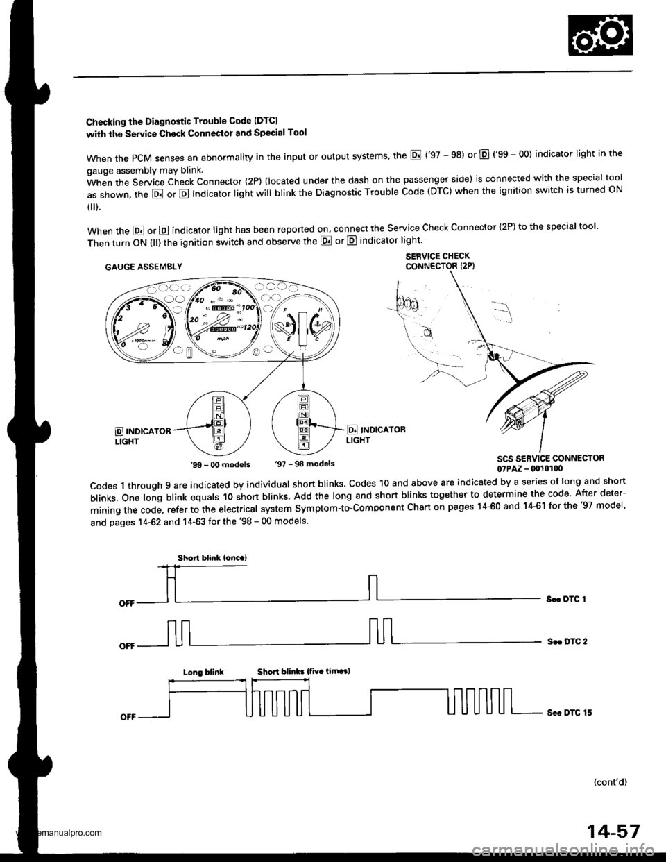 HONDA CR-V 1999 RD1-RD3 / 1.G Workshop Manual 
Checking the Diagnostic Trouble Code IDTCI
with the Servic€ Check Connestol and Special Tool
when the PcM senses an abnormality in the input or output systems the E (97 - 98) or E (gS - OO) indic