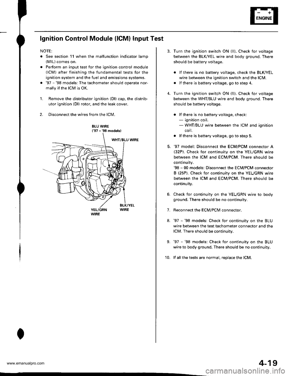 HONDA CR-V 1999 RD1-RD3 / 1.G Workshop Manual 
lgnition Control Module (lCMl Input Test
NOTE:
. See section 11 when the malfunction indicator lamp(MlL) comes on.
. Perform an input test for the ignition control module(lCM) after finishing the fun