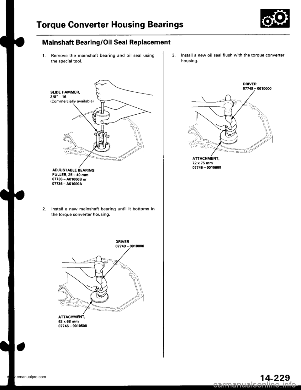 HONDA CR-V 1999 RD1-RD3 / 1.G Workshop Manual 
Torque Gonverter Housing Bearings
Mainshaft Bearing/Oil Seal Replacement
1. Remove the mainshaft bearing and oil seal using
the soecial tool.
SLIDE HAMMER,3/8" - 16(Commercially available)
ADJUSTABLE