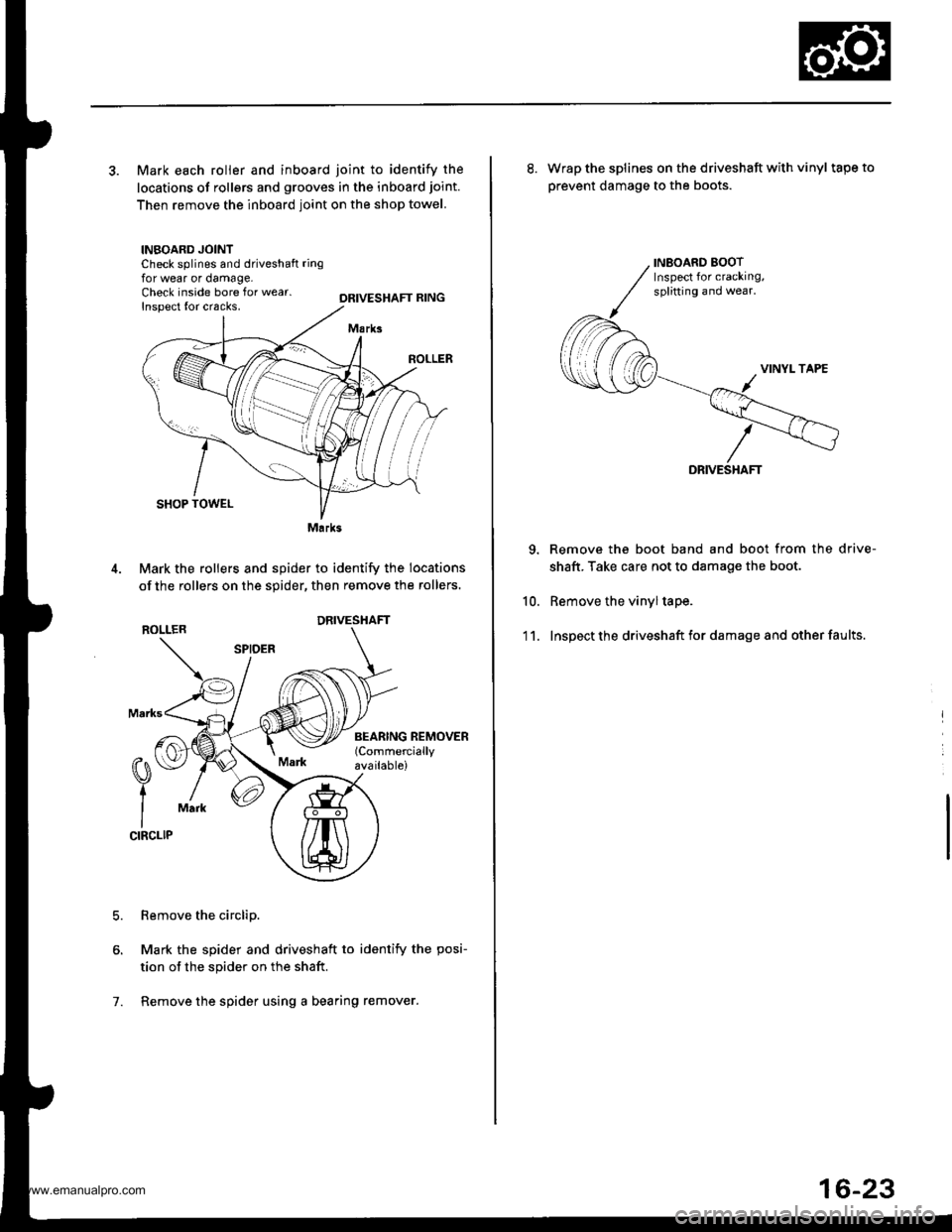 HONDA CR-V 1999 RD1-RD3 / 1.G Workshop Manual 
3. Mark each roller and inboard joint to identify the
locations of rollers and grooves in the inboard joint.
Then remove the inboard joint on the shop towel.
INBOARD JOINTCheck splines and driveshaft