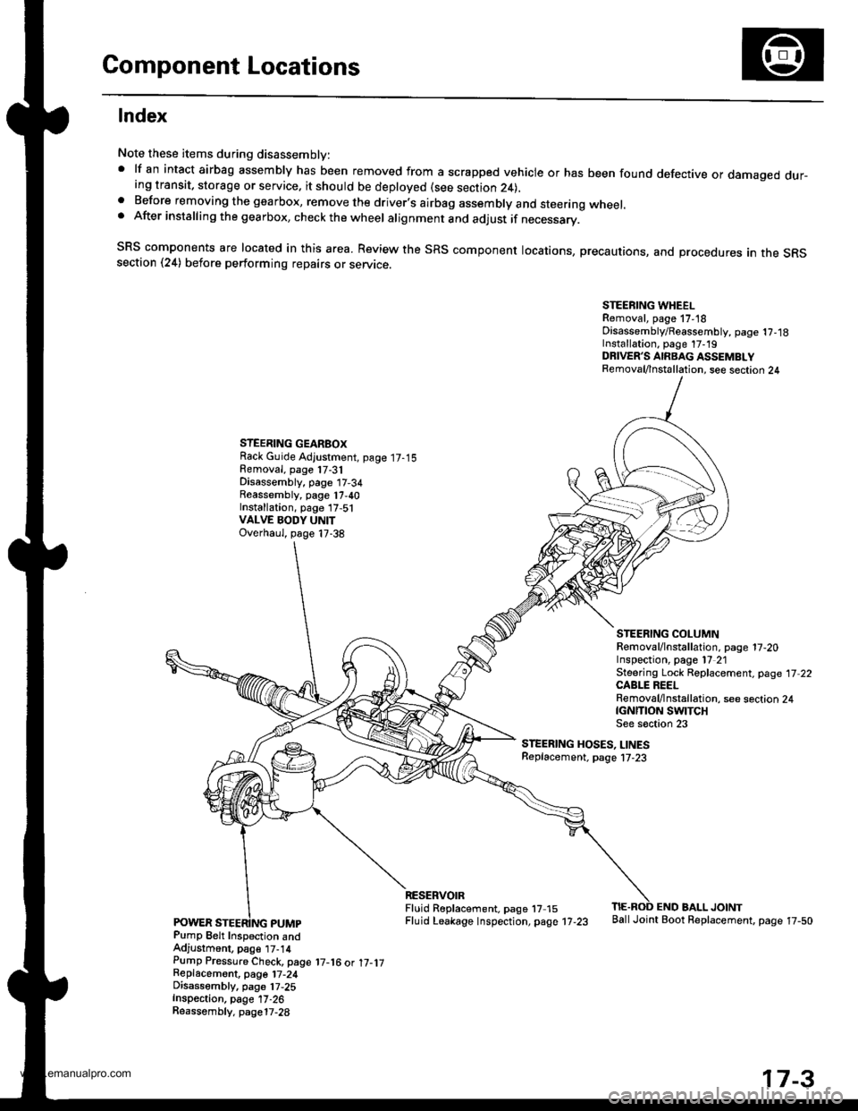 HONDA CR-V 1999 RD1-RD3 / 1.G Workshop Manual 
Component Locations
lndex
Note these items during disassembly: lf an intact airbag assembly has been removed from a scrapped vehicle or has been found defective or damaged dur-ing transit, storage o