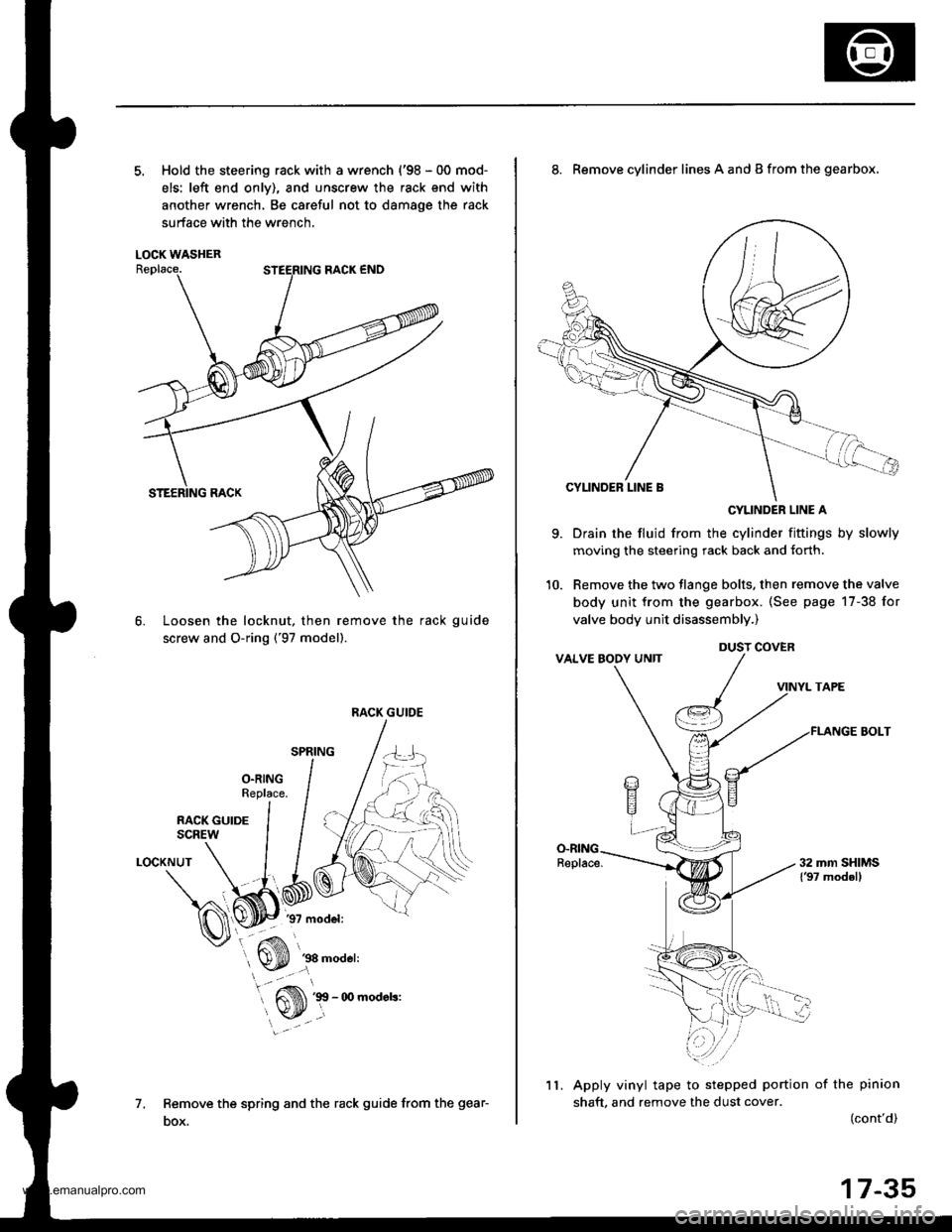 HONDA CR-V 1999 RD1-RD3 / 1.G Workshop Manual 
5. Hold the steering rack with a wrench {98 - 00 mod-
els: left end onlv), and unscrew the rack end with
another wrench, Be careful not to damage the rack
surface with the wrench,
LOCK WASHER
Loosen