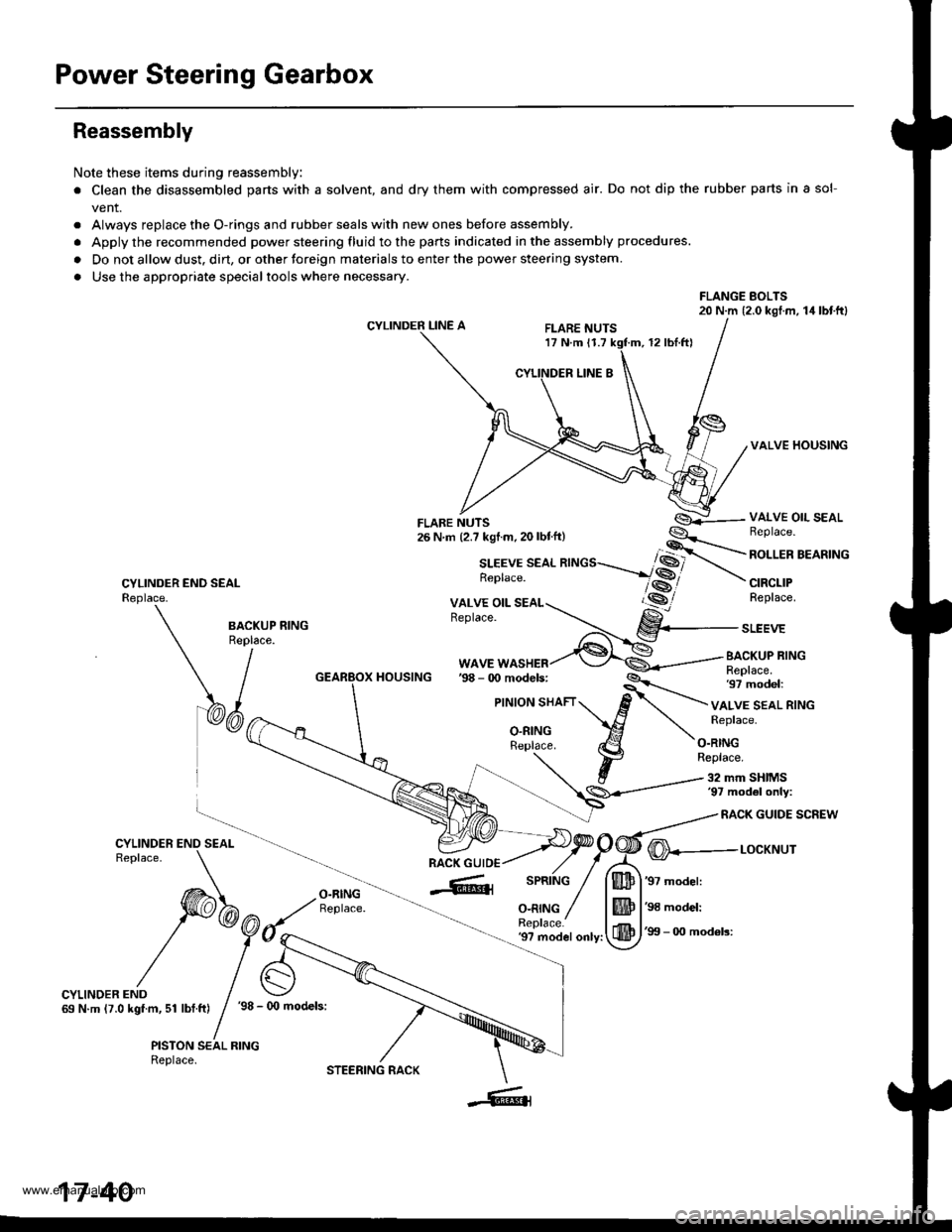 HONDA CR-V 1999 RD1-RD3 / 1.G Workshop Manual 
Power Steering Gearbox
Reassembly
Note these items during reassembly
. Clean the disassembled parts with a solvent, and dry them with compressed air. Do not dip the rubber parts in a sol-
vent.
. Alw