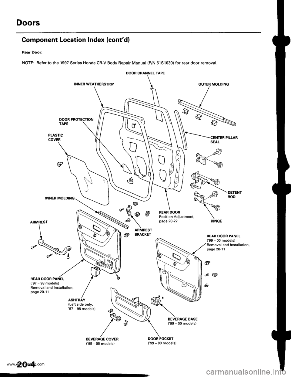 HONDA CR-V 1999 RD1-RD3 / 1.G Workshop Manual 
Doors
Gomponent Location Index (contdl
Rear Door:
NOTE: Refertothe 1997 Series Honda CR-V Bodv RepairManual (P/N 6151030) for rear door removal.
INNER WEATHERSTRIPOUTER MOLOING
DOOR PROTECTION
ARMRE