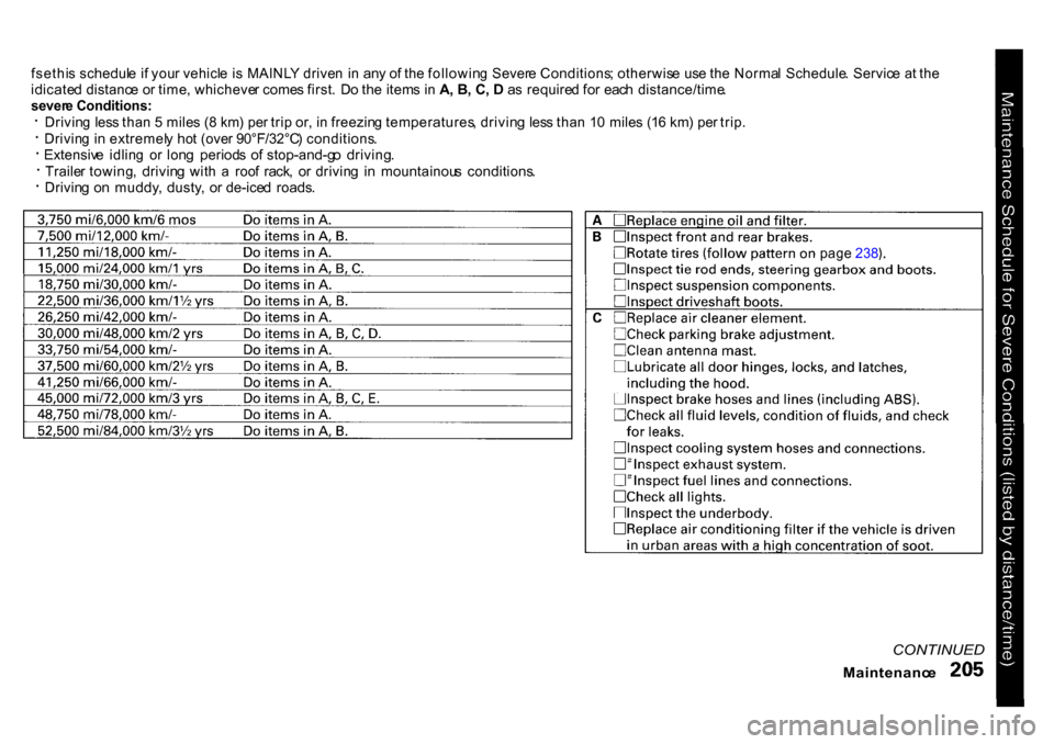 HONDA CR-V 2001 RD1-RD3 / 1.G Owners Manual fsethi
s schedul e i f you r vehicl e i s MAINL Y drive n  i n an y o f th e followin g  Sever e Conditions ; otherwis e us e th e Norma l Schedule . Servic e a t th e
idicate d distanc e o r time , w