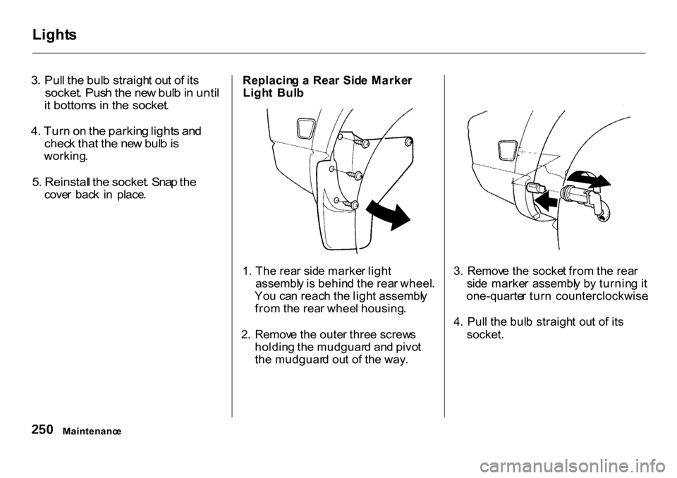 HONDA CR-V 2001 RD1-RD3 / 1.G Owners Manual Light
s

3 . Pul l th e bul b straigh t ou t o f it s

socket . Pus h th e ne w bul b in  unti l

i t  bottom s i n  th e socket .

4 . Tur n o n th e parkin g light s an d

chec k tha t th e ne w bul