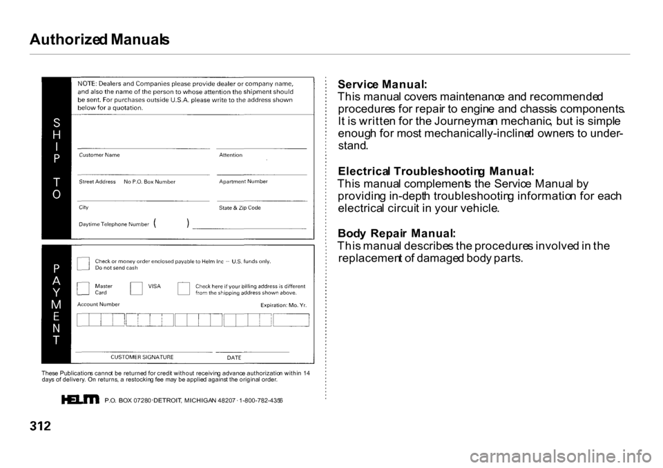 HONDA CR-V 2001 RD1-RD3 / 1.G Owners Manual Authorize
d Manual s

Thes e Publication s canno t b e  returne d fo r credi t withou t receivin g advanc e authorizatio n withi n  1 4
day s o f delivery . O n returns , a  restockin g fe e  ma y b e