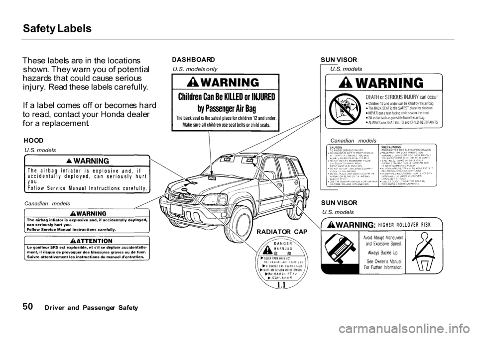 HONDA CR-V 2001 RD1-RD3 / 1.G Owners Manual Safety
 Labels

Thes e label s ar e in  th e location s
shown . The y war n yo u o f potentia l
hazard s tha t coul d caus e seriou s
injury . Rea d thes e label s carefully .
I f a  labe l come s of 