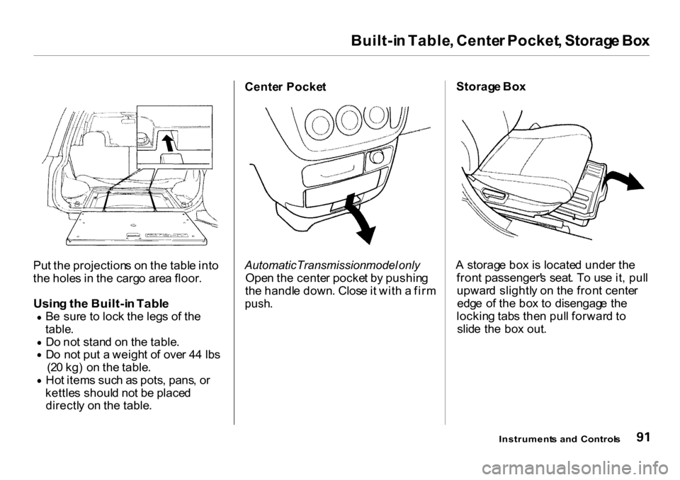 HONDA CR-V 2001 RD1-RD3 / 1.G Owners Manual 
Built-i
n Table , Cente r Pocket , Storag e Bo x
Pu t th e projection s o n th e tabl e int o
th e hole s i n  th e carg o are a floor .

Usin g th e Built-i n Tabl e
 B
e sur e t o loc k th e leg s 