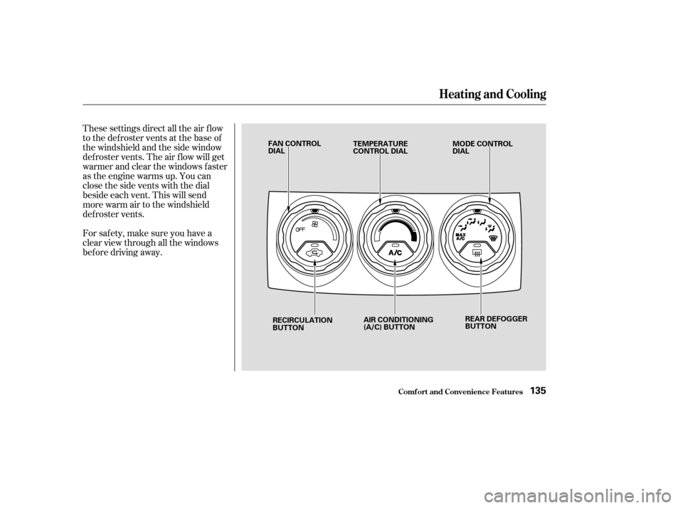 HONDA CR-V 2003 RD4-RD7 / 2.G Owners Manual These settings direct all the air f low
to the defroster vents at the base of
the windshield and the side window
def roster vents. The air f low will get
warmer and clear the windows faster
as the eng
