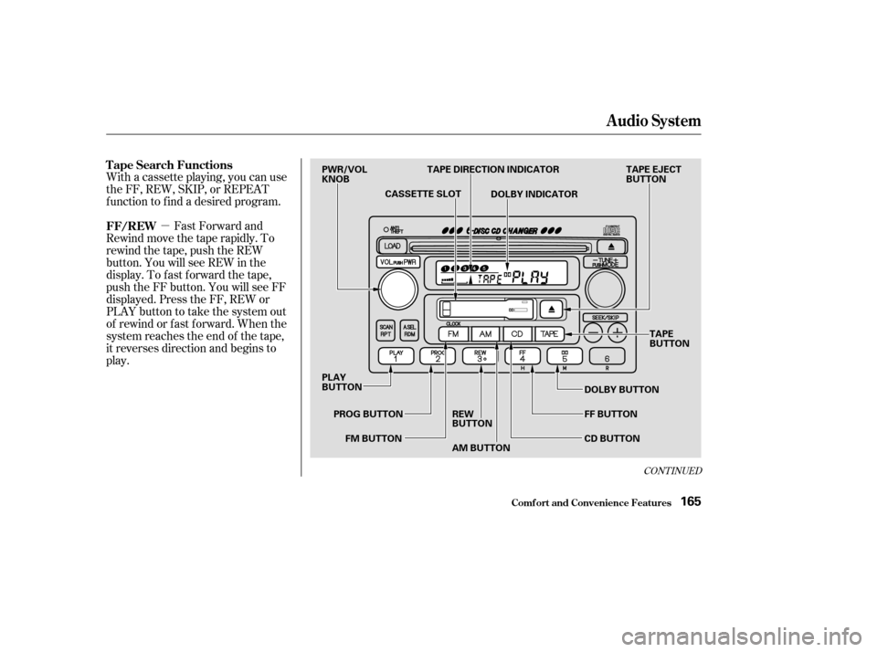HONDA CR-V 2003 RD4-RD7 / 2.G Owners Manual µ
CONT INUED
With a cassette playing, you can use
the FF, REW, SKIP, or REPEAT
f unction to f ind a desired program.Fast Forward and
Rewind move the tape rapidly. To
rewind the tape, push the REW
bu