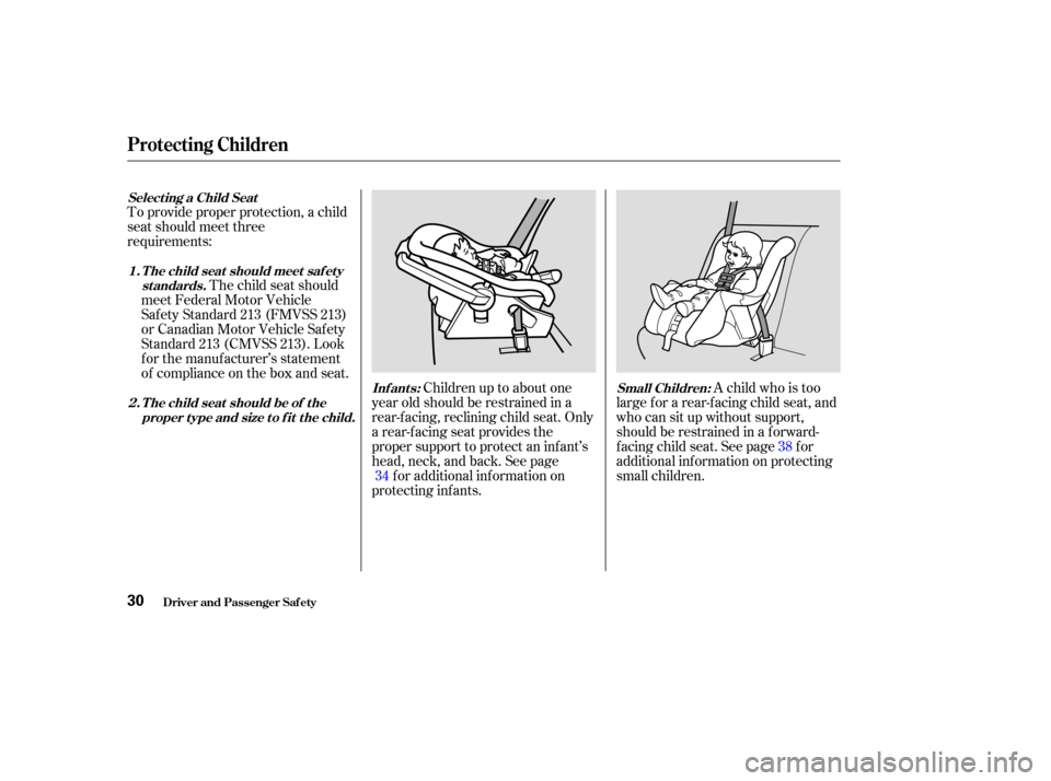 HONDA CR-V 2003 RD4-RD7 / 2.G Owners Manual To provide proper protection, a child
seat should meet three
requirements:The child seat should
meet Federal Motor Vehicle
Saf ety Standard 213 (FMVSS 213)
or Canadian Motor Vehicle Saf ety
Standard 2 HONDA CR-V 2003 RD4-RD7 / 2.G Owners Manual To provide proper protection, a child
seat should meet three
requirements:The child seat should
meet Federal Motor Vehicle
Saf ety Standard 213 (FMVSS 213)
or Canadian Motor Vehicle Saf ety
Standard 2