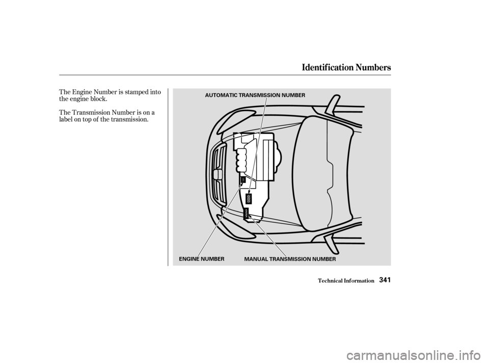 HONDA CR-V 2003 RD4-RD7 / 2.G Owners Manual The Engine Number is stamped into
the engine block.
The Transmission Number is on a
label on top of the transmission.
Identif ication Numbers
T echnical Inf ormation341
AUTOMATIC TRANSMISSION NUMBER
E