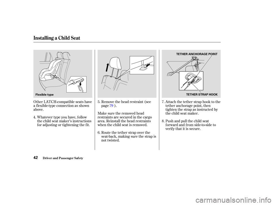 HONDA CR-V 2004 RD4-RD7 / 2.G Owners Manual Remove the head restraint (see
page ).
Make sure the removed head
restraints are secured in the cargo
area. Reinstall the head restraints
when the child seat is removed.
Other LATCH-compatible seats h