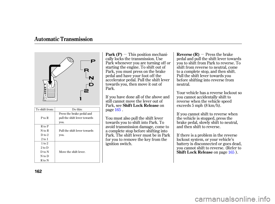 HONDA CR-V 2006 RD4-RD7 / 2.G Owners Manual µµThis position mechani-
cally locks the transmission. Use
Park whenever you are turning of f or
starting the engine. To shif t out of
Park, you must press on the brake
pedal and have your f oot o HONDA CR-V 2006 RD4-RD7 / 2.G Owners Manual µµThis position mechani-
cally locks the transmission. Use
Park whenever you are turning of f or
starting the engine. To shif t out of
Park, you must press on the brake
pedal and have your f oot o