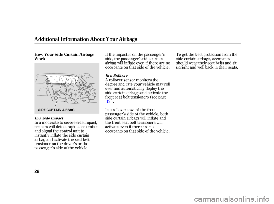 HONDA CR-V 2006 RD4-RD7 / 2.G Owners Manual If the impact is on the passenger’s
side, the passenger’s side curtain
airbag will inflate even if there are no
occupants on that side of the vehicle.To get the best protection f rom the
side curt HONDA CR-V 2006 RD4-RD7 / 2.G Owners Manual If the impact is on the passenger’s
side, the passenger’s side curtain
airbag will inflate even if there are no
occupants on that side of the vehicle.To get the best protection f rom the
side curt