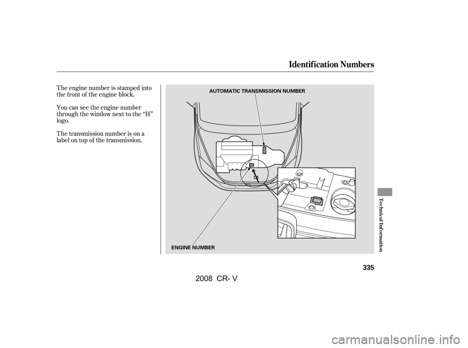 HONDA CR-V 2008 RD1-RD5, RE7 / 3.G Owners Manual The engine number is stamped into 
the f ront of the engine block. 
You can see the engine number 
through the window next to the ‘‘H’’
logo. 
The transmission number is on a 
label on top of 