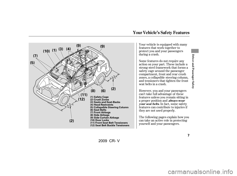 HONDA CR-V 2009 RD1-RD5, RE7 / 3.G Owners Manual Your vehicle is equipped with many
features that work together to
protect you and your passengers
during a crash.
However, you and your passengers
can’t take f ull advantage of these
f eatures un HONDA CR-V 2009 RD1-RD5, RE7 / 3.G Owners Manual Your vehicle is equipped with many
features that work together to
protect you and your passengers
during a crash.
However, you and your passengers
can’t take f ull advantage of these
f eatures un