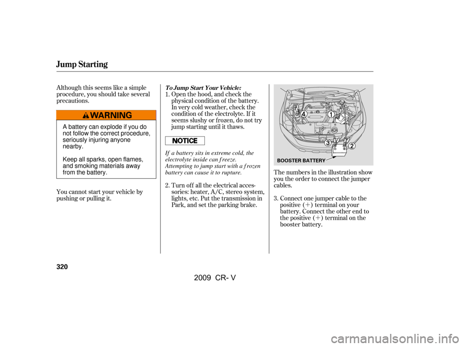 HONDA CR-V 2009 RD1-RD5, RE7 / 3.G Owners Manual ´
´
Although this seems like a simple
procedure, you should take several
precautions.
Open the hood, and check the
physical condition of the battery.
In very cold weather, check the
condition of HONDA CR-V 2009 RD1-RD5, RE7 / 3.G Owners Manual ´
´
Although this seems like a simple
procedure, you should take several
precautions.
Open the hood, and check the
physical condition of the battery.
In very cold weather, check the
condition of