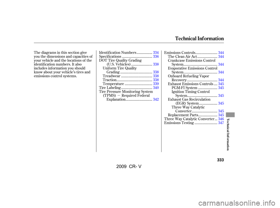 HONDA CR-V 2009 RD1-RD5, RE7 / 3.G Owners Manual µ
Thediagramsinthissectiongive
you the dimensions and capacities of
your vehicle and the locations of the
identif ication numbers. It also
includes inf ormation you should
know about your vehicle HONDA CR-V 2009 RD1-RD5, RE7 / 3.G Owners Manual µ
Thediagramsinthissectiongive
you the dimensions and capacities of
your vehicle and the locations of the
identif ication numbers. It also
includes inf ormation you should
know about your vehicle