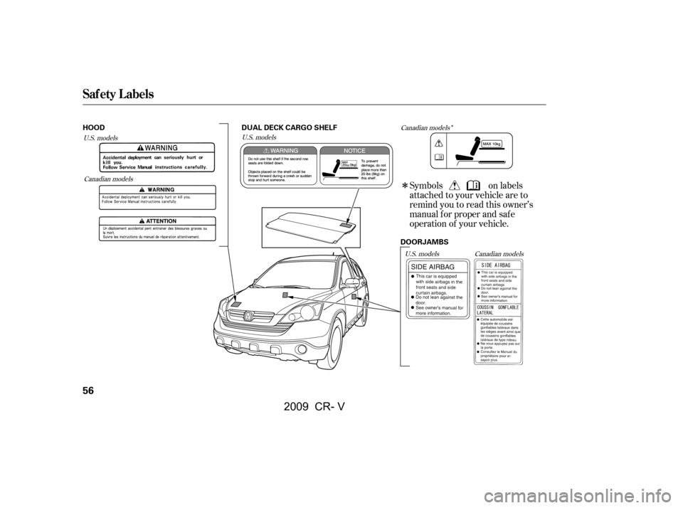 HONDA CR-V 2009 RD1-RD5, RE7 / 3.G Owners Manual Î
Î
Symbols on labels 
attached to your vehicle are to
remind you to read this owner’s
manual f or proper and saf e
operation of your vehicle.
Canadian models
U.S. models
U.S. models
Canadian mo