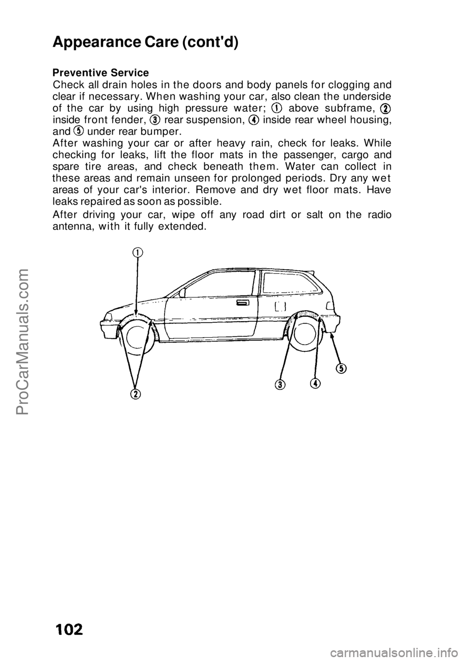HONDA CIVIC 1991  Owners Manual 
Appearance Care (cont'd)

Preventive Service

Check all drain holes in the doors and body panels for clogging and
clear if necessary. When washing your car, also clean the underside of the car by