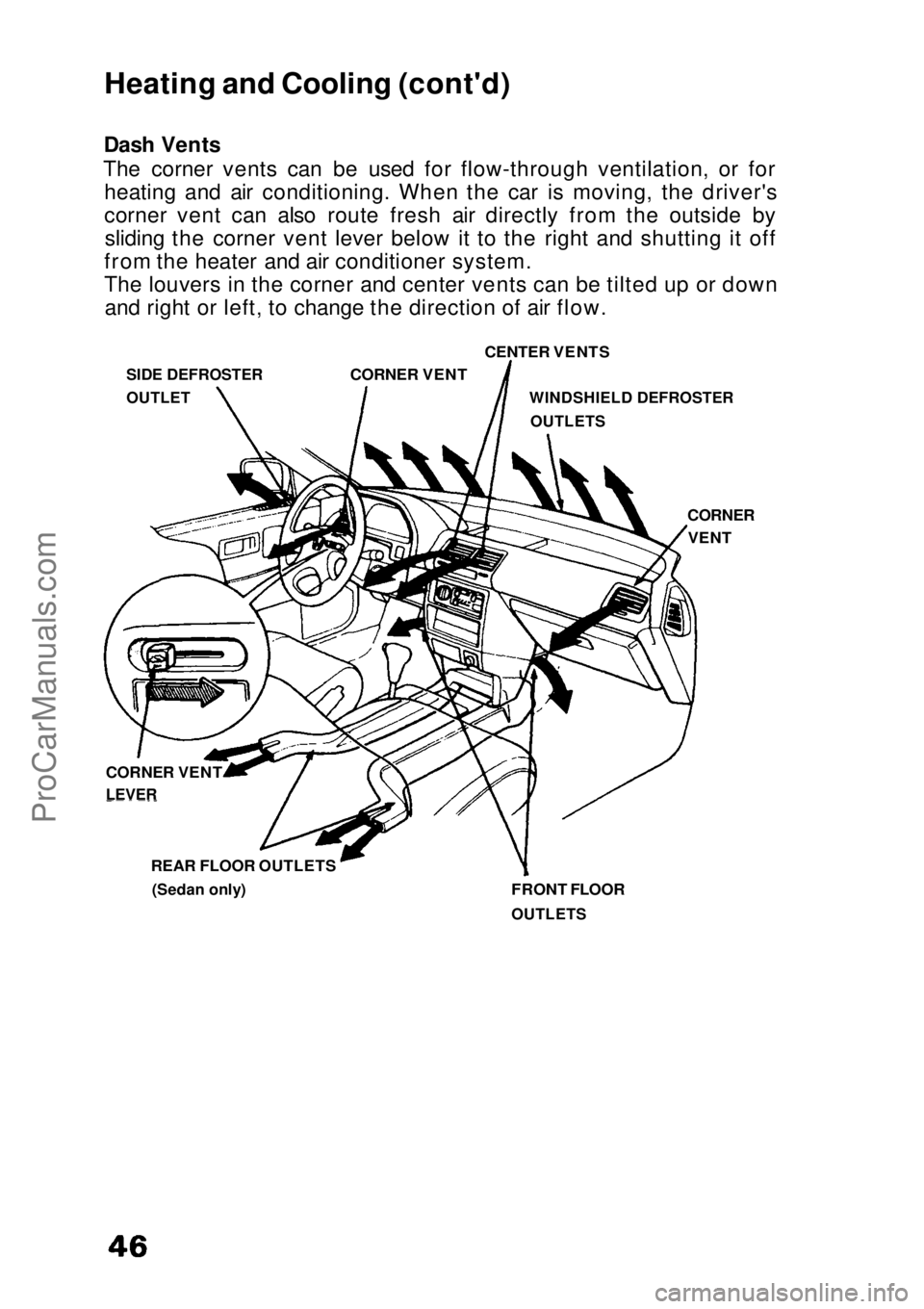 HONDA CIVIC 1991  Owners Manual 
Heating and Cooling (cont'd)
Dash Vents
The corner vents can be used for flow-through ventilation, or for heating and air conditioning. When the car is moving, the driver's
corner vent can al