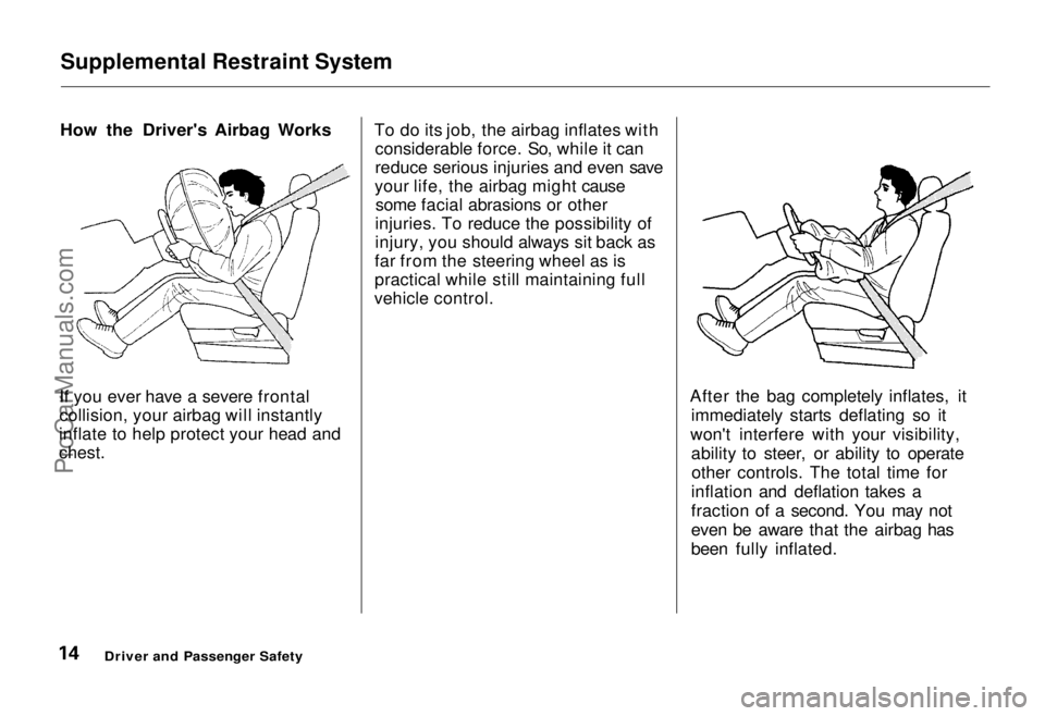 HONDA ODYSSEY 1995  Owners Manual Supplemental Restraint System
How the Driver's Airbag Works
If you

 ever have a severe frontal
collision, your airbag will instantly
inflate to help protect your head and

chest.
 To do its job, 