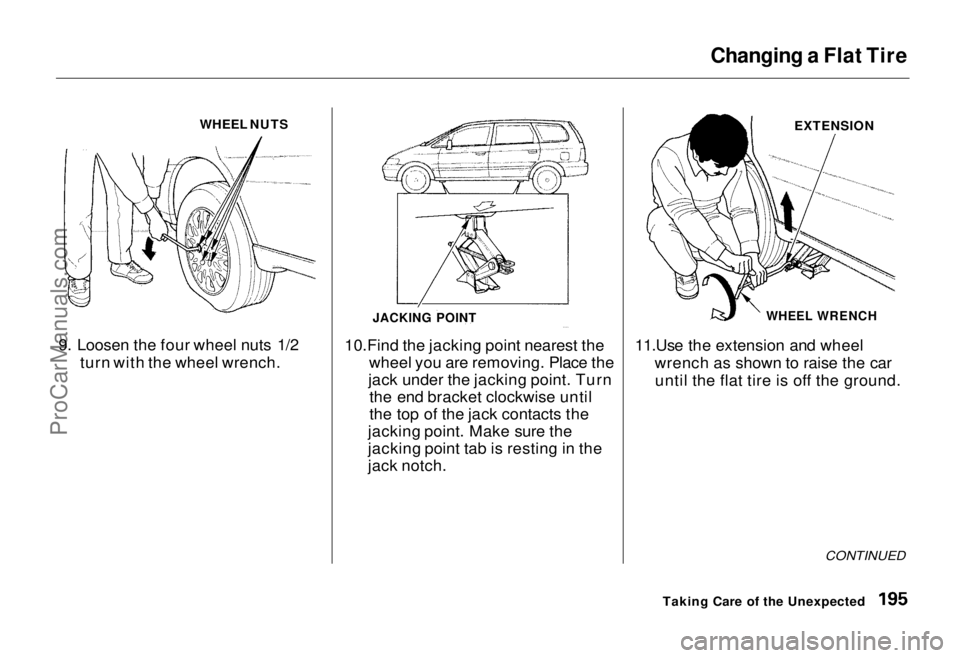 HONDA ODYSSEY 1995  Owners Manual Changing a Flat Tire

9. Loosen the four wheel nuts 1/2  turn with the wheel wrench. 10.Find the jacking point nearest the
 wheel you are removing. Place the
 jack under the jacking point. Turn  the e