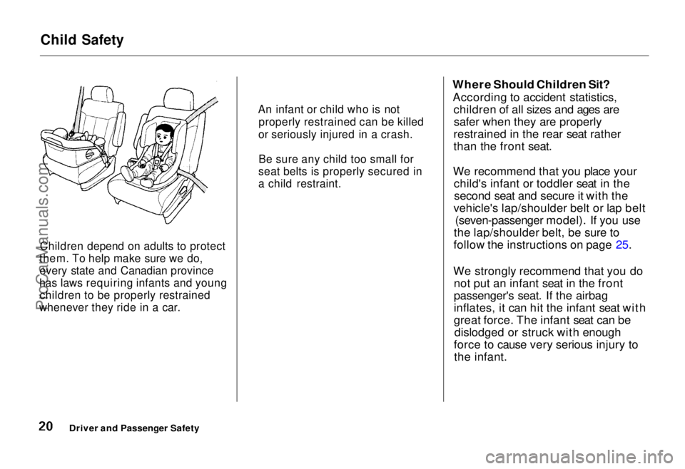 HONDA ODYSSEY 1995  Owners Manual 
Child Safety
Children depend on adults to protect
them. To help make sure we do, every state and Canadian province
has laws requiring infants and young children to be properly restrained
whenever the