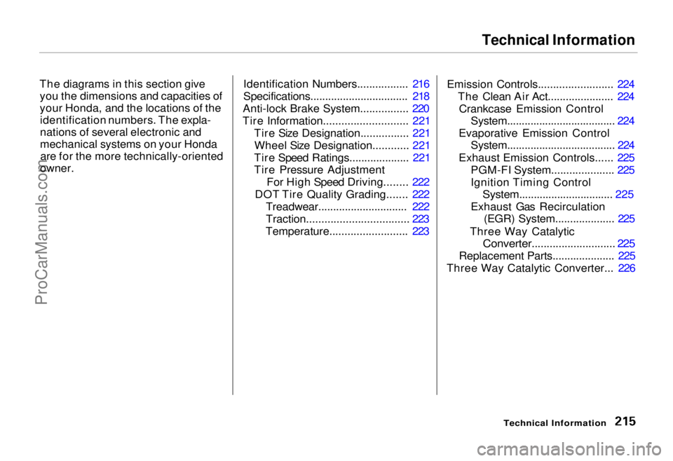 HONDA ODYSSEY 1995  Owners Manual Technical Information

The diagrams in this section give you the dimensions and capacities of
your Honda, and the locations of theidentification numbers. The expla-
nations of several electronic and
m