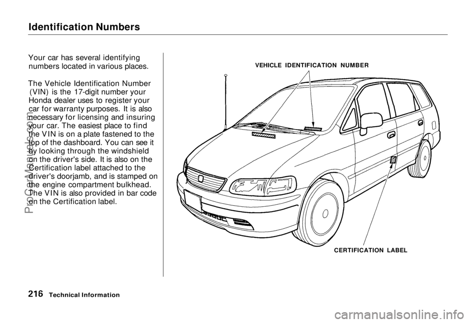 HONDA ODYSSEY 1995  Owners Manual Identification Numbers

Your car has several identifying numbers located in various places.
The Vehicle Identification Number (VIN) is the 17-digit number your
Honda dealer uses to register your car f