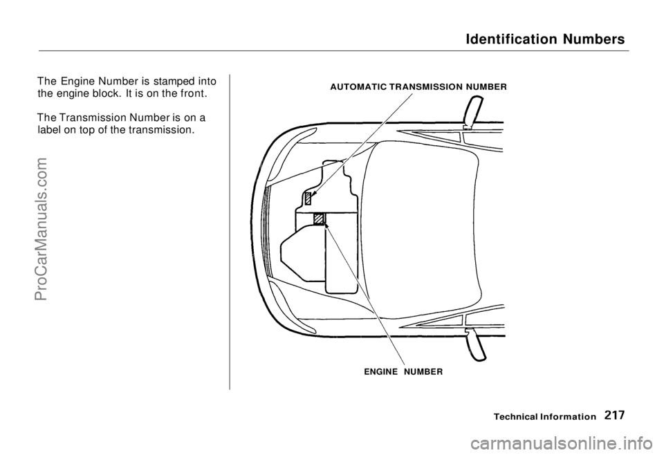 HONDA ODYSSEY 1995  Owners Manual 
Identification Numbers
The Engine Number is stamped into the engine block. It is on the front.
The Transmission Number is on a label on top of the transmission.

Technical Information

AUTOMATIC TRAN