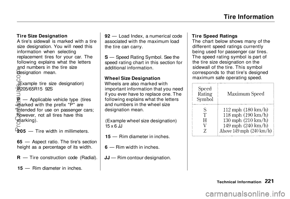 HONDA ODYSSEY 1995  Owners Manual Tire Information

Tire Size Designation A tire's sidewall is marked with a tiresize designation. You will need this
information when selecting
replacement tires for your car. The
following explain