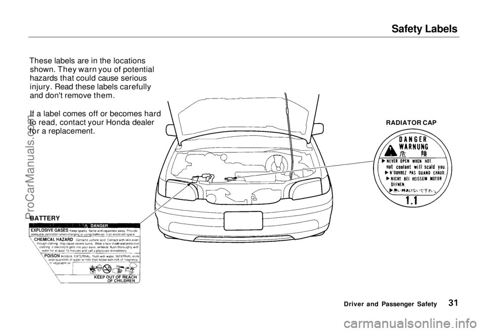 HONDA ODYSSEY 1995  Owners Manual Safety Labels

These labels are in the locations shown. They warn you of potential
hazards that could cause serious
injury. Read these labels carefully
and don't remove them.
If a label comes off 