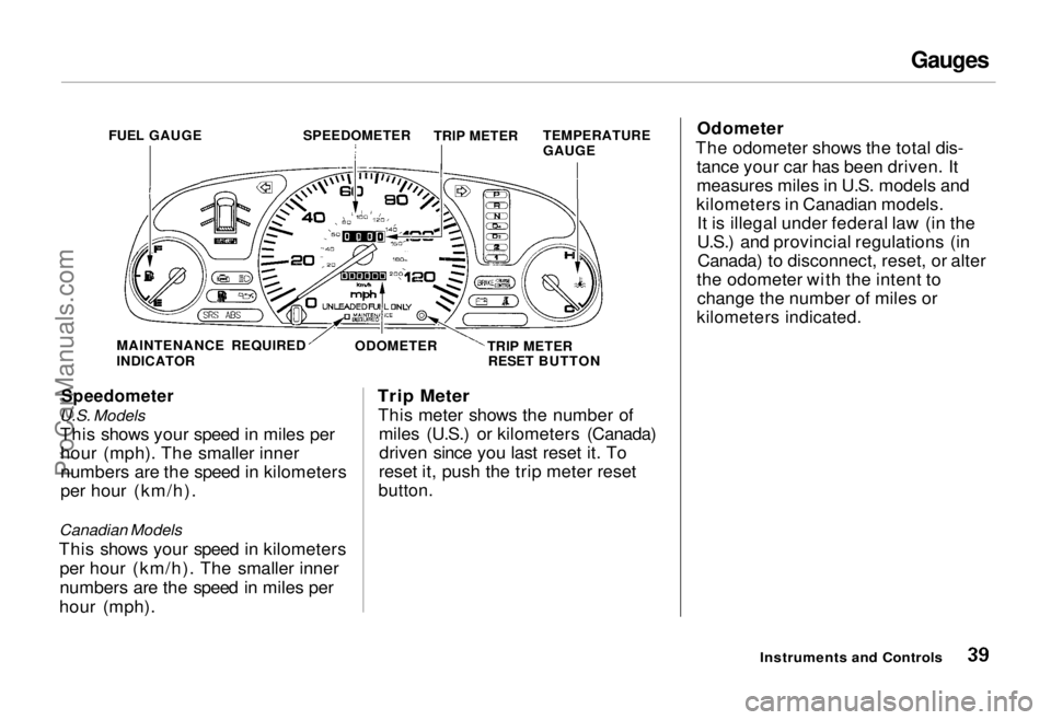 HONDA ODYSSEY 1995  Owners Manual Gauges

Speedometer

U.S. Models This shows your speed in miles per hour (mph). The smaller inner
numbers are the speed in kilometers
per hour (km/h).
Canadian Models
This shows your speed in kilomete